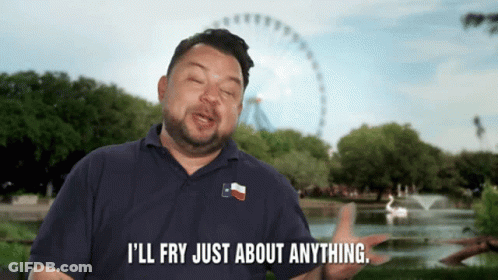 A Man In A Blue Shirt Says " I 'Ll Fry Just About Anything " GIF