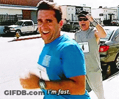 A Man In A Blue Shirt Says " I 'M Fast " While Running GIF