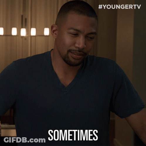 A Man In A Blue Shirt Says " Sometimes " In Front Of A Younger Tv Logo GIF