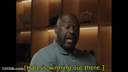 A Man In A Blue Shirt Says That Hate Is Winning Out There GIF