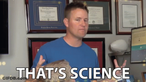 A Man In A Blue Shirt Says That 'S Science In Front Of A Wall Of Framed Diplomas GIF