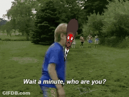 A Man In A Blue Shirt Says Wait A Minute Who Are You In A Park GIF