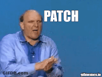 A Man In A Blue Shirt Stands In Front Of A Blue Background With Patch Patch Written In White Letters GIF