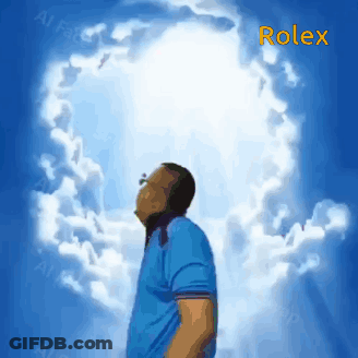 A Man In A Blue Shirt Stands In Front Of A Cloudy Sky With Rolex Written On The Bottom GIF