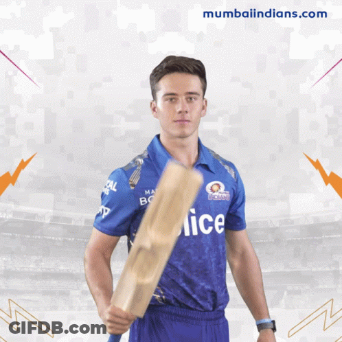 A Man In A Blue Shirt That Says Police On It Holds A Bat GIF