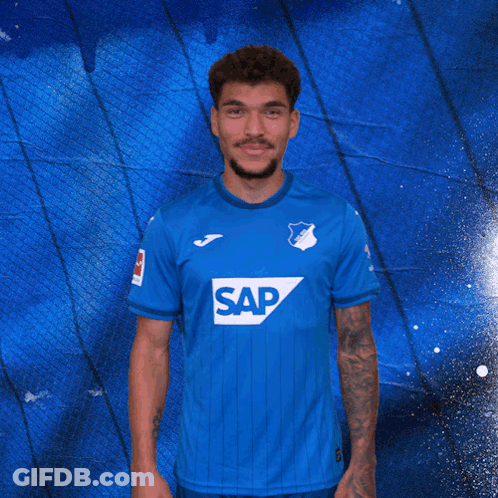 A Man In A Blue Shirt That Says Sap On It GIF