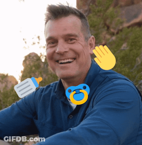 A Man In A Blue Shirt With A Pacifier And A Bottle On His Neck GIF