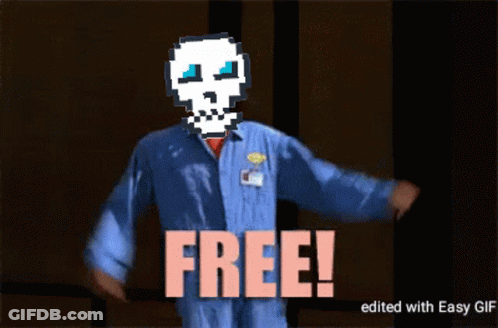 A Man In A Blue Shirt With A Skull On His Head And The Words Free GIF
