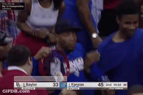 A Man In A Blue Shirt With Kansas On It GIF