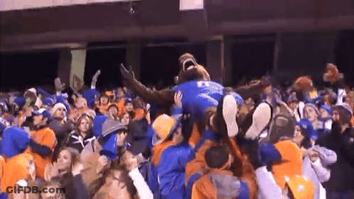 A Man In A Blue Shirt With The Letter T On It Is Being Lifted In The Air By A Crowd GIF
