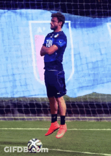 A Man In A Blue Shirt With The Word Fifa On It Stands On A Soccer Field GIF