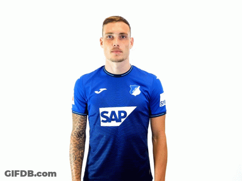 A Man In A Blue Shirt With The Word Sap On The Front GIF