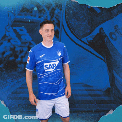 A Man In A Blue Shirt With The Word Sap On The Front GIF