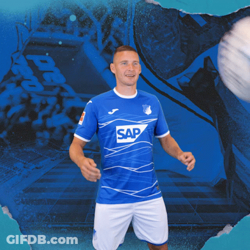 A Man In A Blue Shirt With The Word Sap On The Front GIF