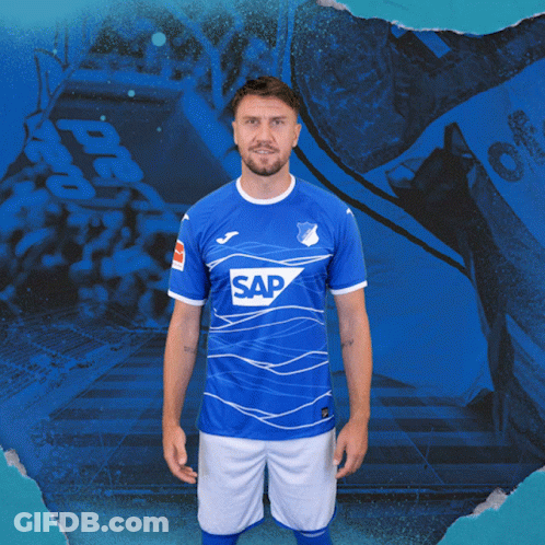 A Man In A Blue Shirt With The Word Sap On The Front GIF