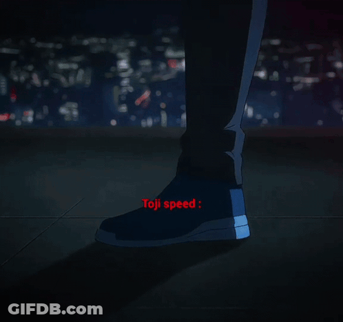 A Man In A Blue Shirt With The Word Toji Speed Written On The Bottom GIF