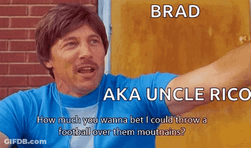A Man In A Blue Shirt With The Words Brad Aka Uncle Rico On It GIF