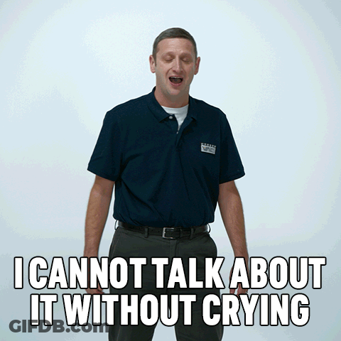 A Man In A Blue Shirt With The Words " I Cannot Talk About It Without Crying " On The Bottom GIF