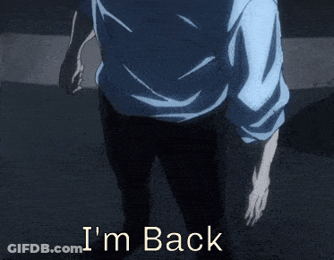 A Man In A Blue Shirt With The Words I 'M Back On The Bottom GIF
