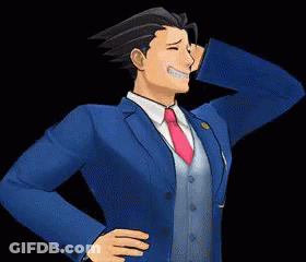 A Man In A Blue Suit And Red Tie Is Smiling With His Hand Behind His Head . GIF