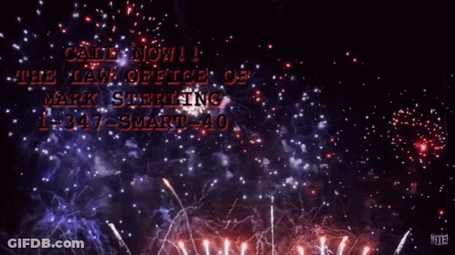 A Man In A Blue Suit And Red Tie Stands In Front Of Fireworks And Says Call Now At The Law Office Of Mark Sterling GIF