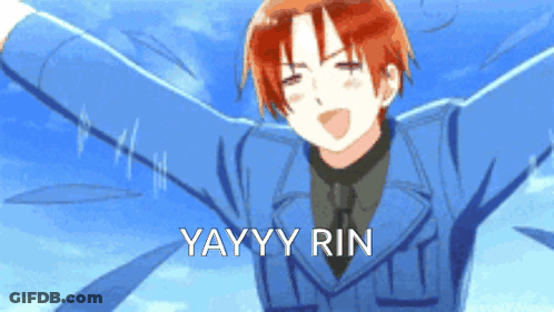 A Man In A Blue Suit And Tie With His Arms Outstretched And The Words Yayyy Rin Below Him GIF