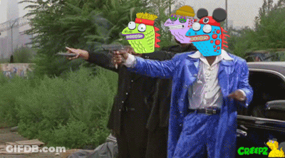 A Man In A Blue Suit Is Pointing A Gun At Another Man With A Cartoon Face GIF