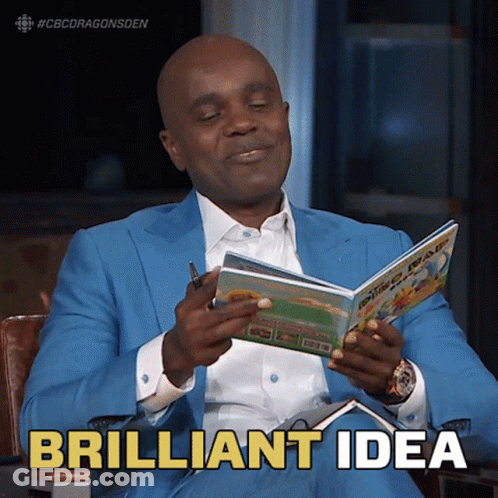 A Man In A Blue Suit Is Reading A Book And Says Brilliant Idea In Yellow Letters GIF