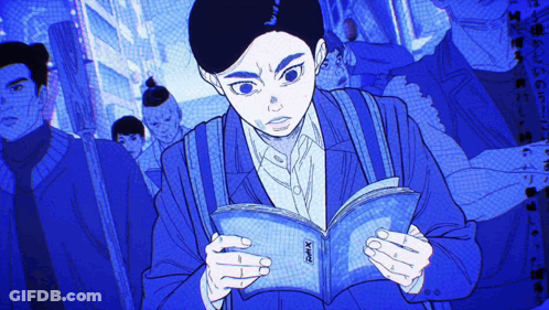 A Man In A Blue Suit Is Reading A Book With The Word X On It GIF