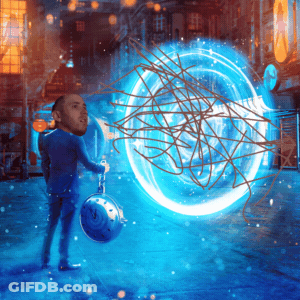 A Man In A Blue Suit Is Standing In Front Of A Blue Circle GIF