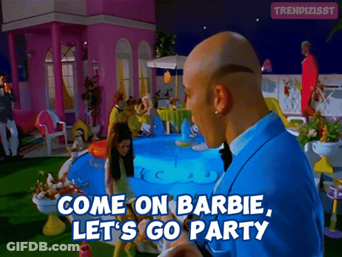 A Man In A Blue Suit Says Come On Barbie Let 'S Go Party In Front Of A Pool GIF