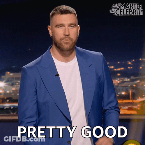A Man In A Blue Suit Says Pretty Good On A Screen GIF