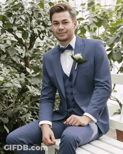 A Man In A Blue Suit Sits On A White Bench GIF