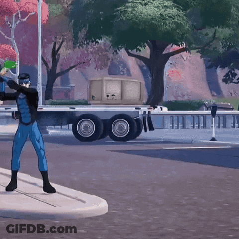 A Man In A Blue Superhero Costume Is Standing On A Sidewalk In Front Of A Truck GIF
