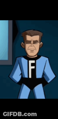 A Man In A Blue Superhero Costume With The Letter F On His Chest GIF