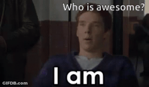 A Man In A Blue Sweater Is Asking Who Is Awesome . GIF