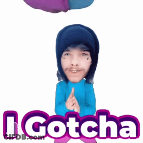 A Man In A Blue Sweater Is Holding A Balloon Above His Head With The Words I Gotcha Above Him GIF