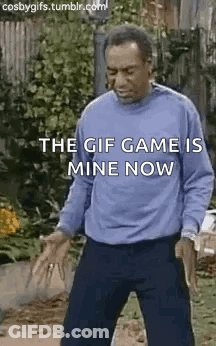 A Man In A Blue Sweater Is Standing On A Sidewalk With His Hands Outstretched And A Gif Game Is Mine Now . GIF