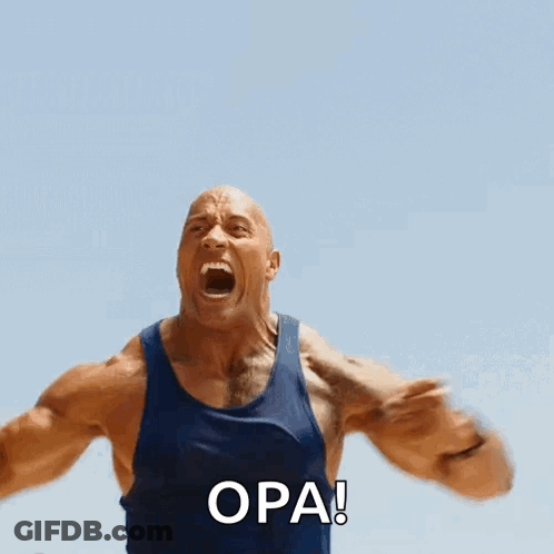 A Man In A Blue Tank Top Is Screaming With The Word Opa Written On The Bottom GIF