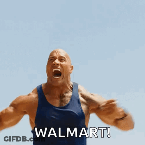 A Man In A Blue Tank Top Is Screaming With The Word Walmart Written Below Him GIF