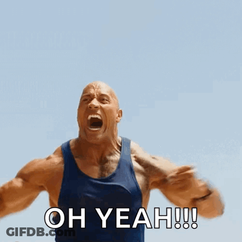 A Man In A Blue Tank Top Is Screaming With The Words Oh Yeah Written Above Him GIF