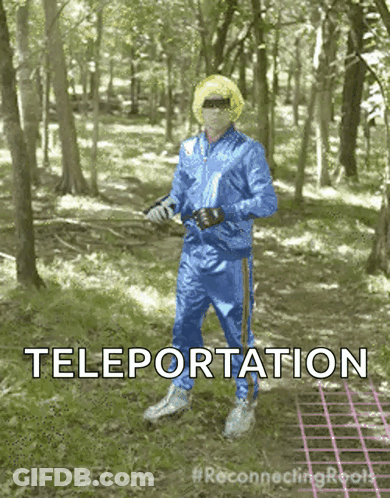 A Man In A Blue Tracksuit Is Standing In The Woods And The Word Teleportation Is On The Screen GIF
