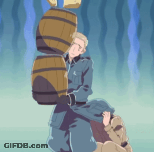 A Man In A Blue Uniform Is Carrying A Large Barrel GIF
