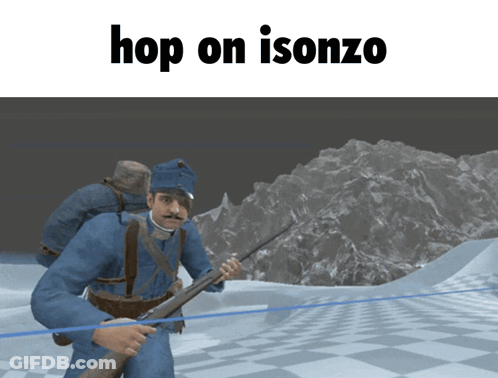 A Man In A Blue Uniform Is Holding A Rifle And The Words Hop On Isonzo Above Him GIF