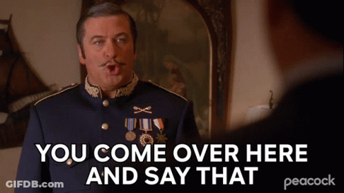 A Man In A Blue Uniform Says You Come Over Here And Say That GIF