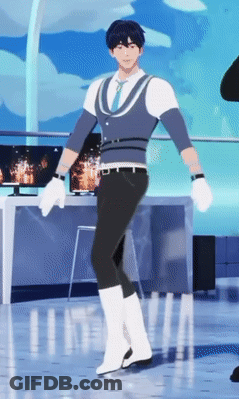 A Man In A Blue Vest And White Boots Is Standing On A Stage GIF