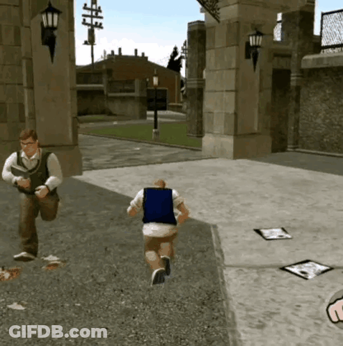 A Man In A Blue Vest Is Running Away From Another Man GIF