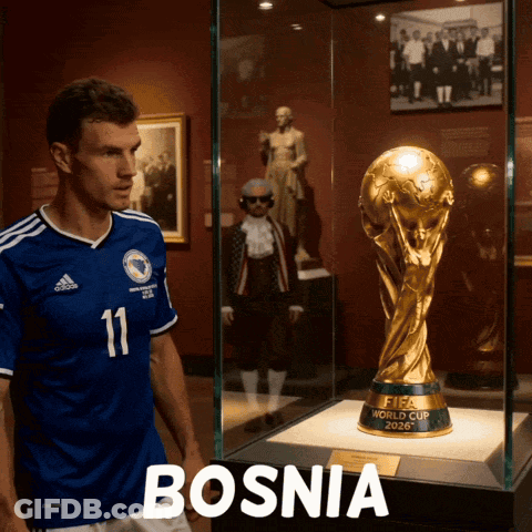 A Man In A Bosnia Jersey Stands In Front Of A Fifa World Cup GIF
