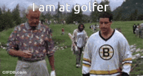 A Man In A Boston Bruins Jersey Is Standing Next To Another Man In A Golf Course . GIF