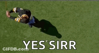 A Man In A Boston Bruins Jersey Is Standing On A Field With His Arms Outstretched And Screaming . GIF